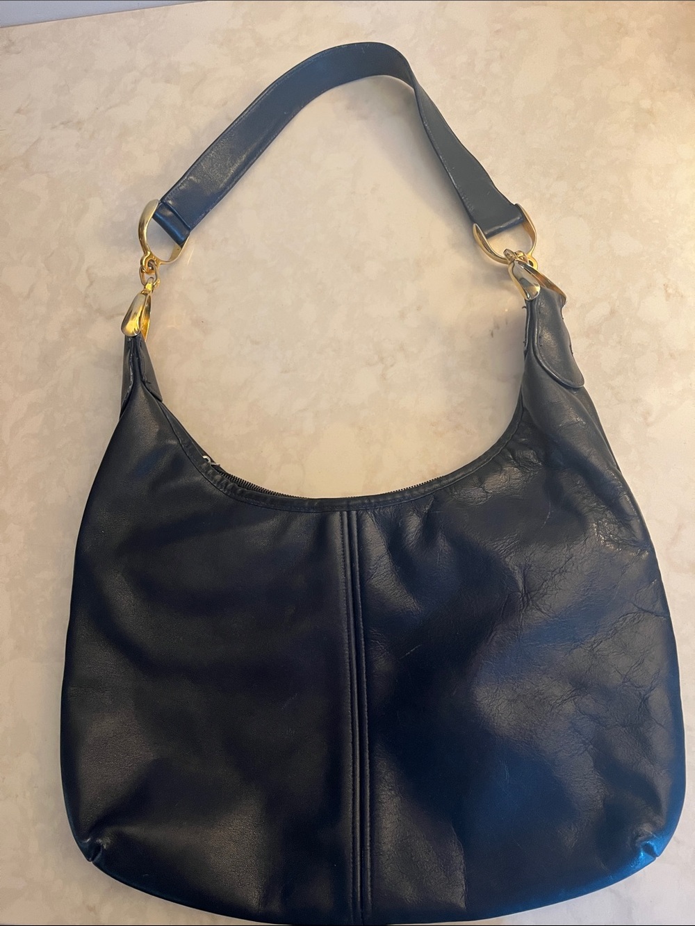 Vintage Morris Moskowitz Deep Navy leather Hobo Shoulder Bag Purse gold hardware